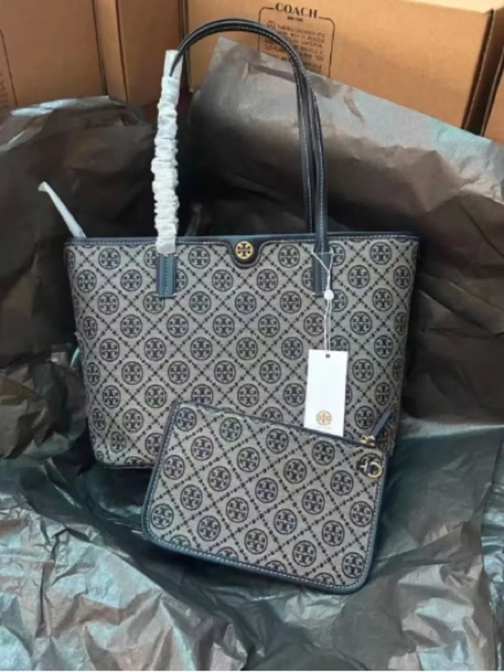 Tory Burch Navy and Cream Logo Jacquard Tote with Wristlet